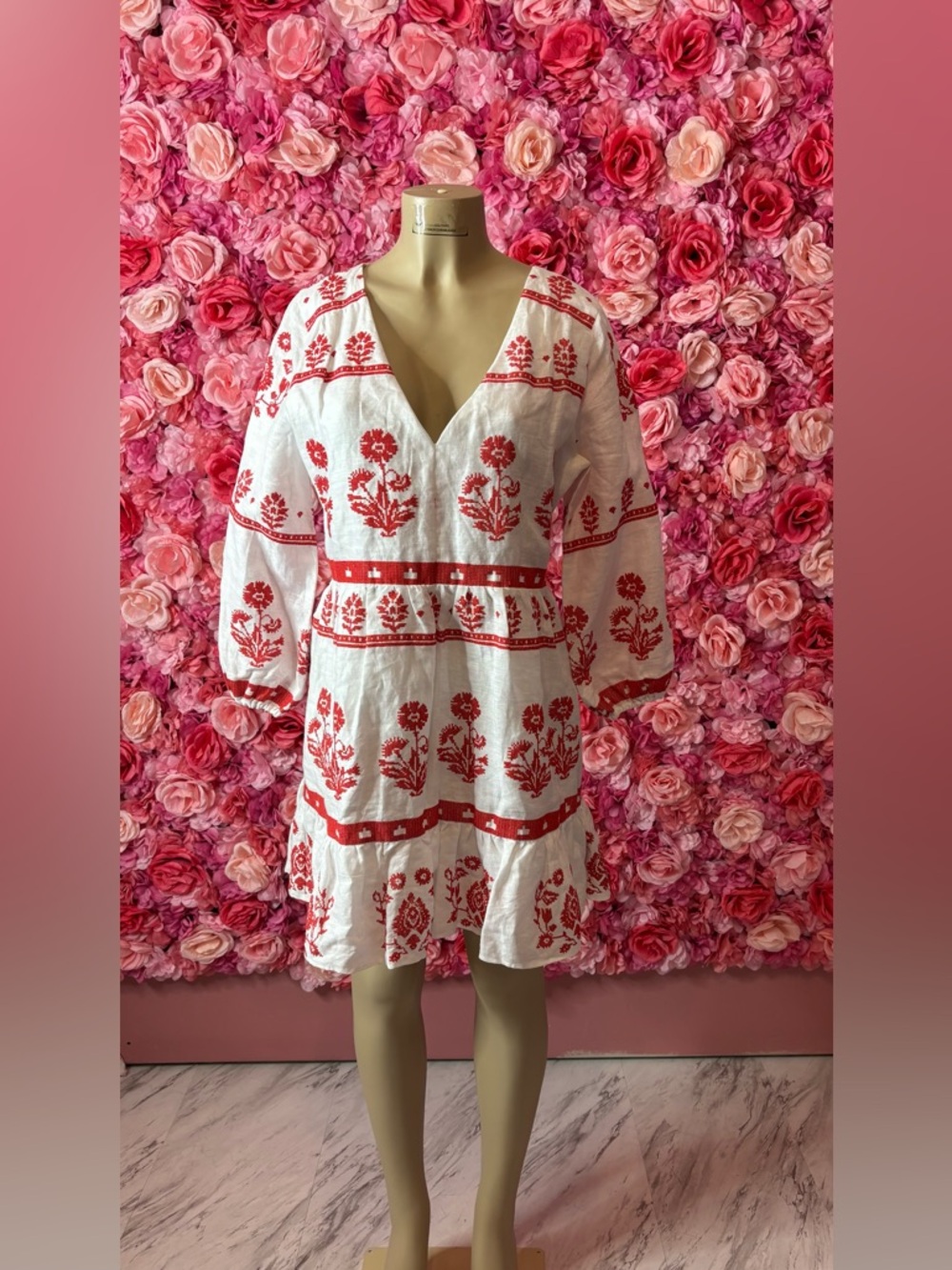 Bold Milly White Dress with Red Floral Embroidery